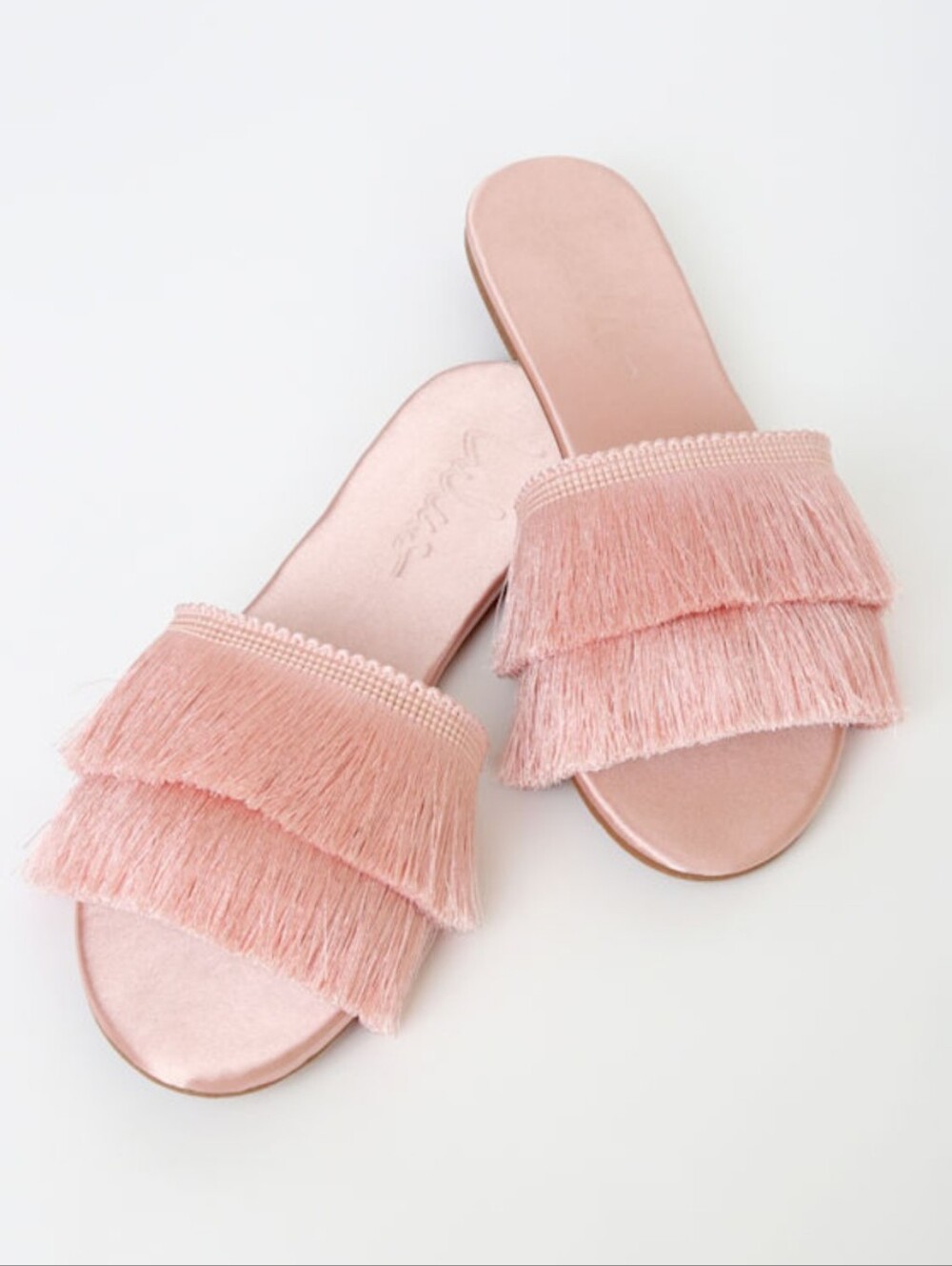Lulus Maelie Pink Satin Fringe Slide Sandals - Size 6